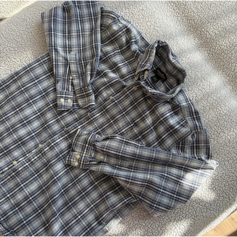Eddie Bauer Mens Relaxed Fit Plaid Button Down Shirt Blue White Cotton Large